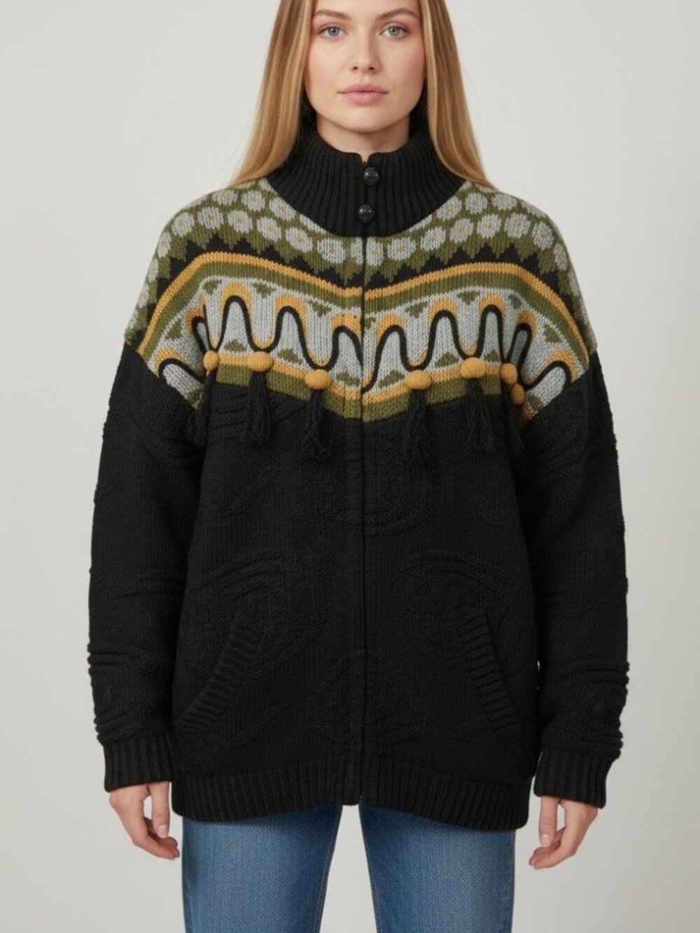 Vtg O'Rite Cardigan Sweater Jacket Size M Black Full Zip Fair Isle Pom Poms 80s